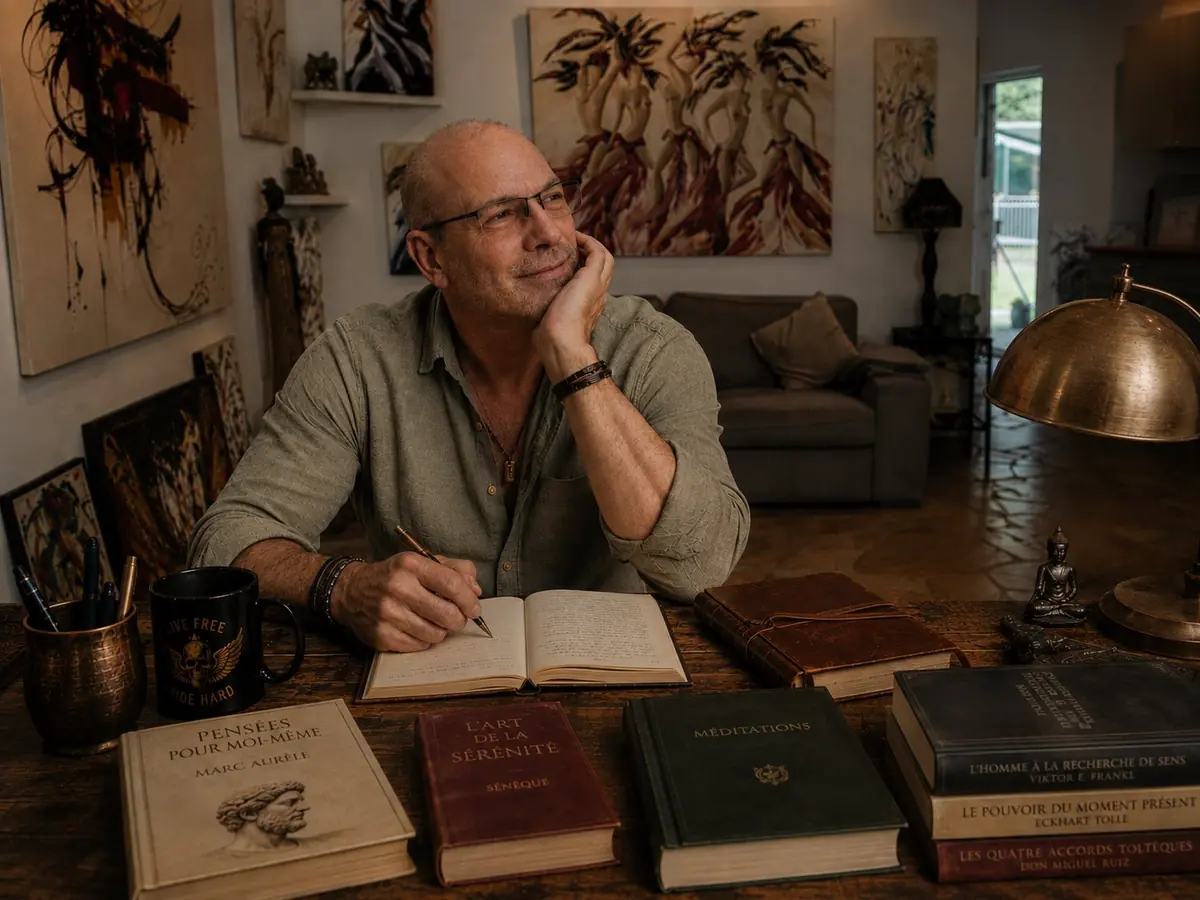 Papylou au bureau avec ses carnets